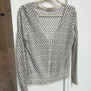 LOFT Cream and Black Patterned V-Neck Cardigan